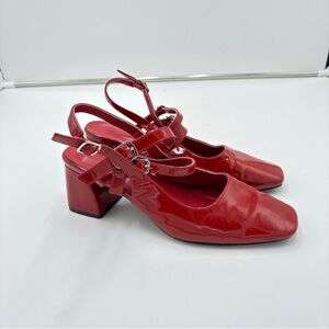 Cider Block Heel Red Patent Leather Buckle Detail Square Toe Women’s Size 37 6.5